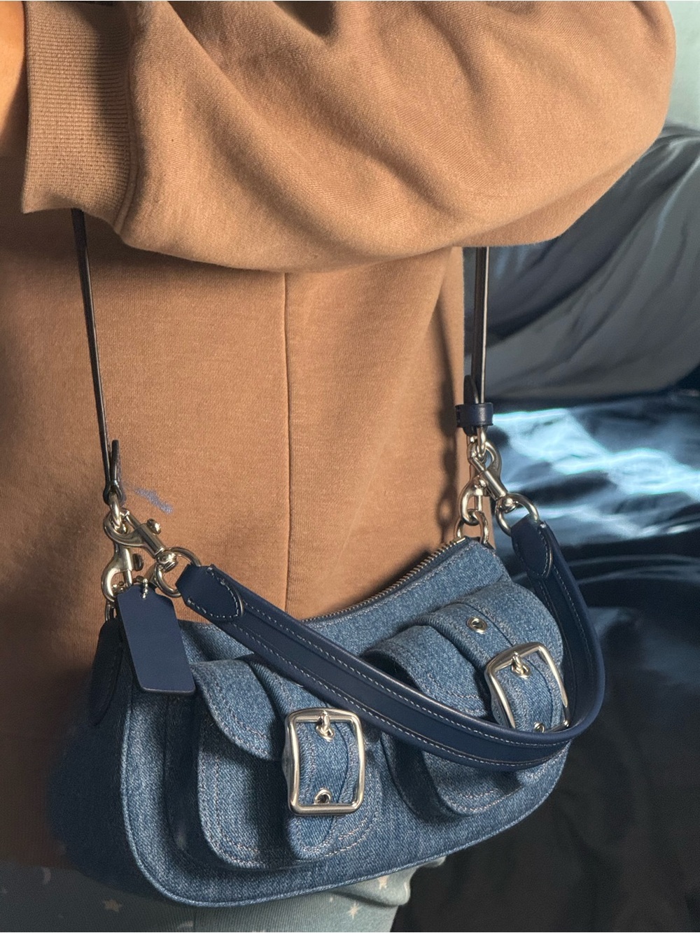 Coach Denim Mini Crossbody with Navy Leather Trim